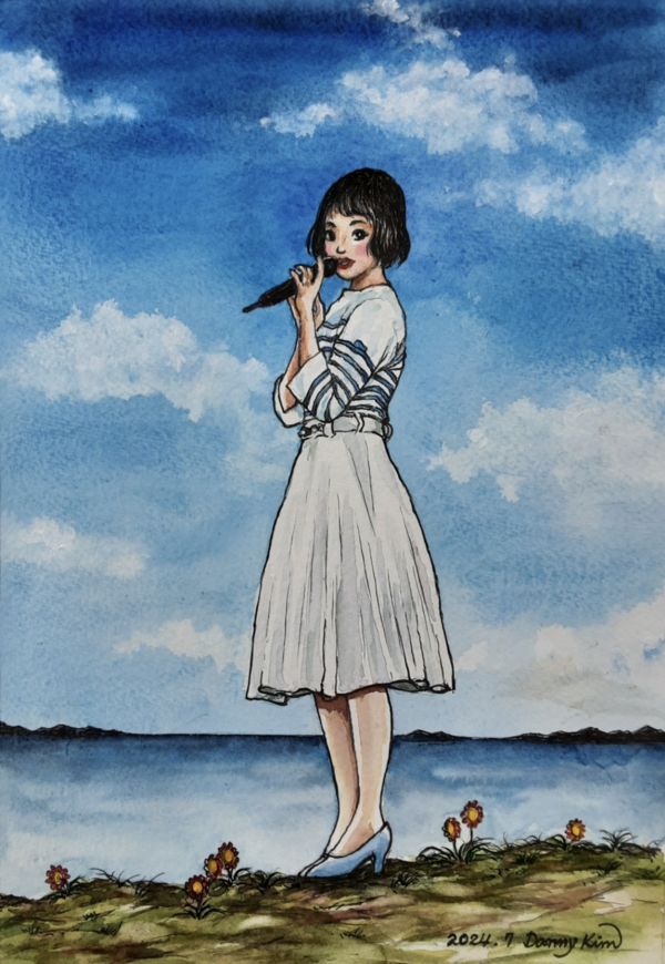 일본 도쿄돔에서 40년 전의 히트곡 '푸른 산호초'를 부른 뉴진스 하니를 그린 김대년 화백 작품