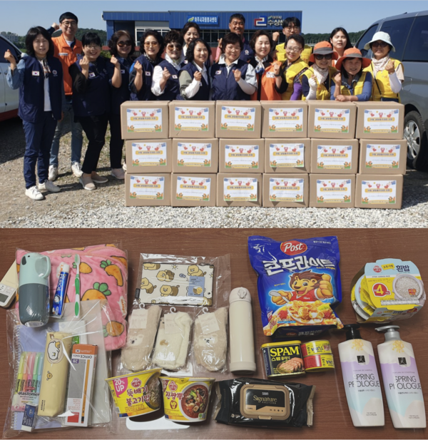 꾸러미를 전달하는 대진국제자원봉사단(위), 10만 원 상당의 후원품(아래). 사진 대순진리회 제공